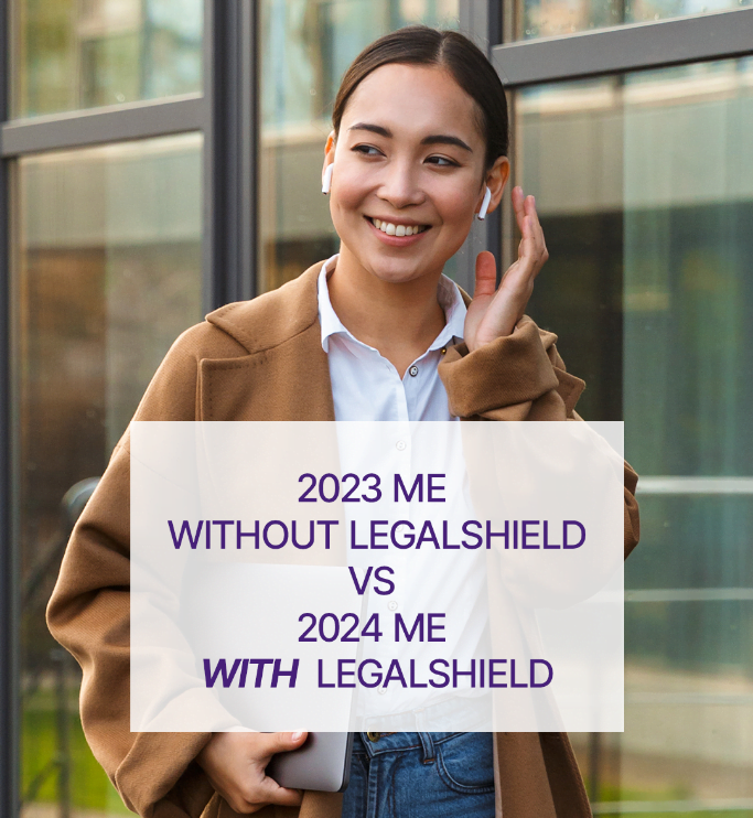 A woman with headphones in with the text "2023 me without LegalShield vs 2024 me with LegalShield".